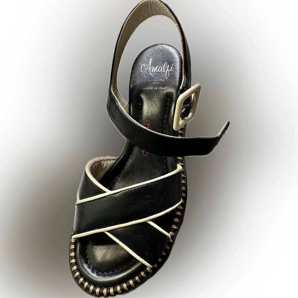 Amalfi Black Leather Sandal with Ivory Trim Sz 6.5